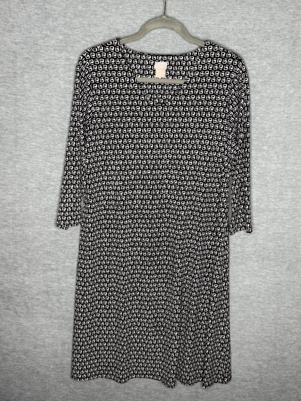 Chico's Size 1 Black White Geometric Print Dress 3/4 Sleeve Stretch